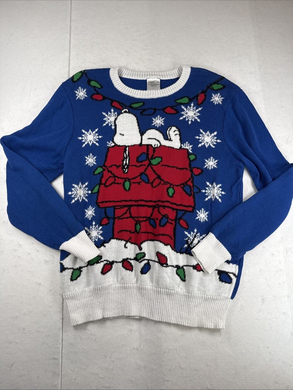 Unisex Peanuts Charlie Brown Christmas Sweater With Snoopy Lights Doghouse L